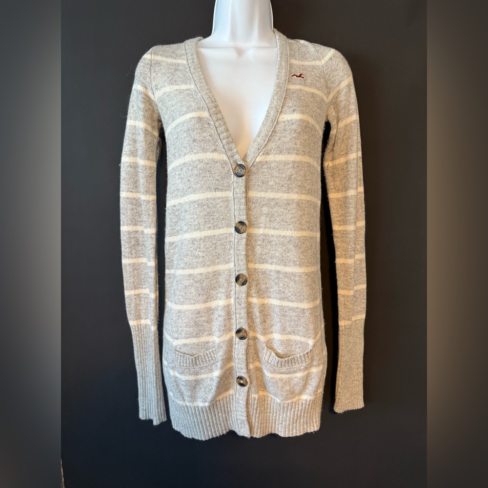 Hollister striped lightweight cardigan large grey white